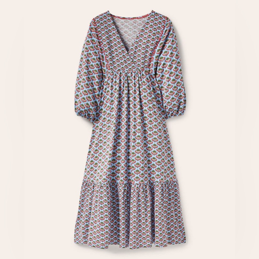 Boden Anita Jersey Midi Dress Size 10 Dusty Blue Oriental Meadow V Neck - Picture 8 of 16